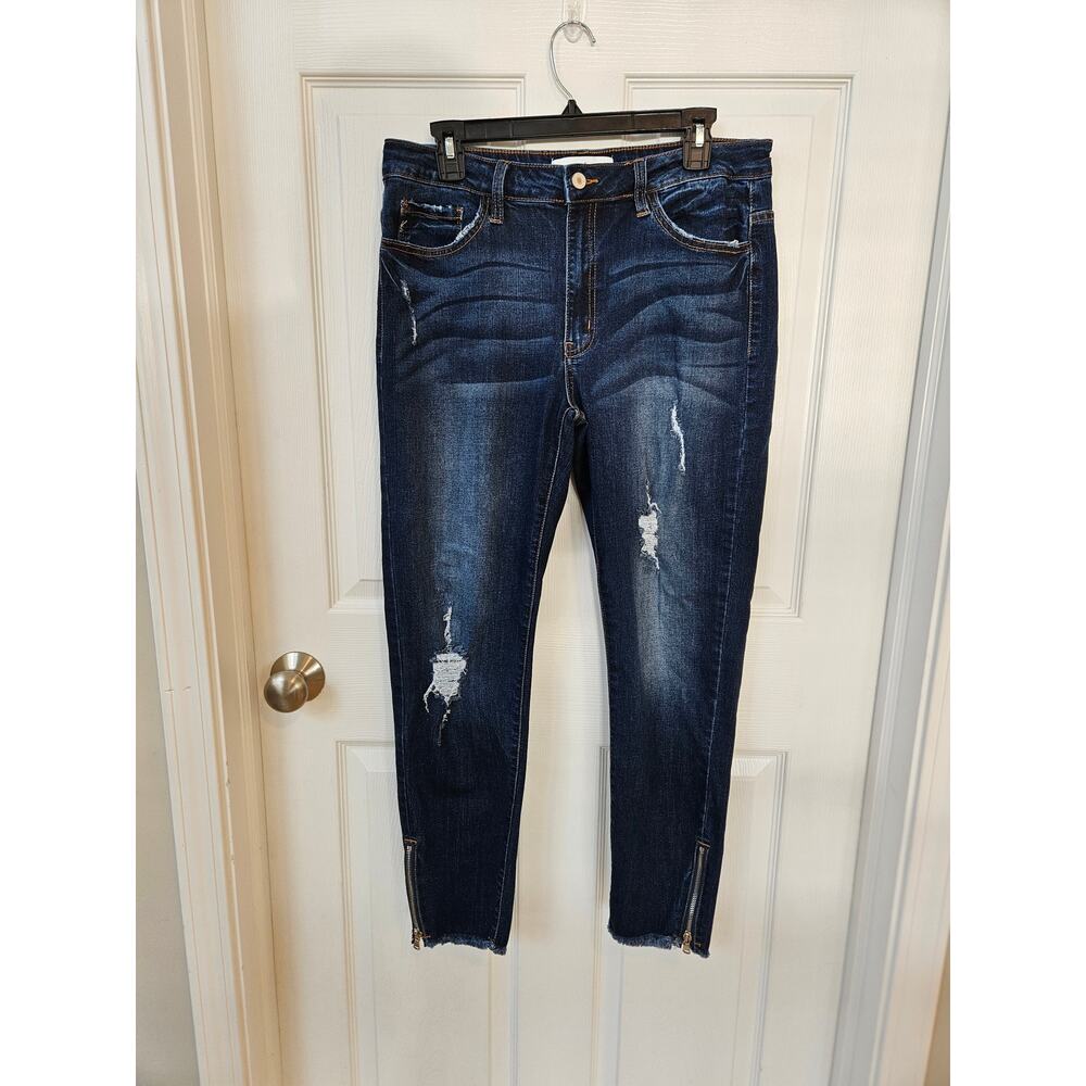 KanCan Distressed Skinny Jeans Women’s 13/30 Dark Wash Ankle Zip Raw Hem Stretch